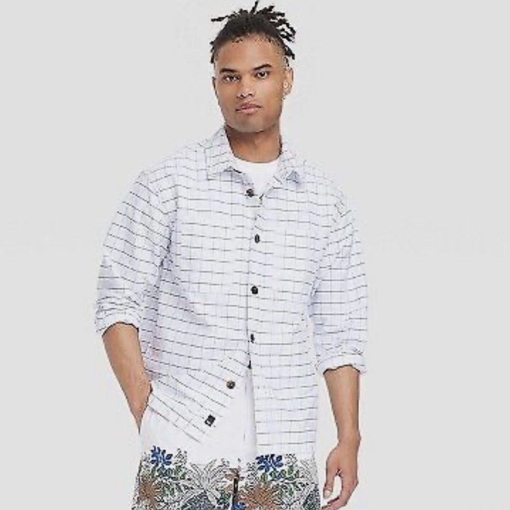 Houston White Adult Long Sleeve Windowpane Oversized Button-Down Shirt - White